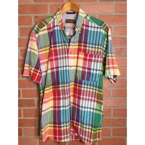 JoS A Banks Mens Plaid Shirt Size M Short Sleeve Button Down - Picture 1 of 6